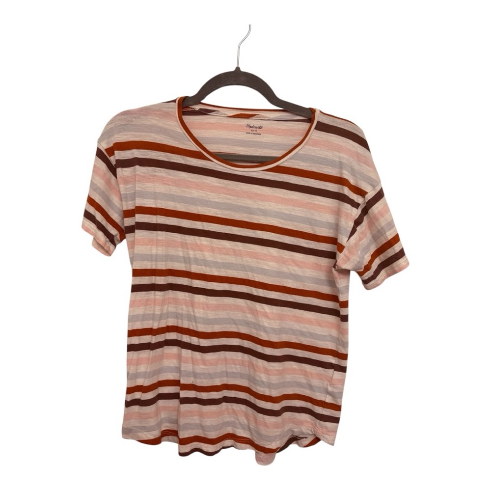 Madewell Pink White Brown Striped Fitted Crewneck T-Shirt Small